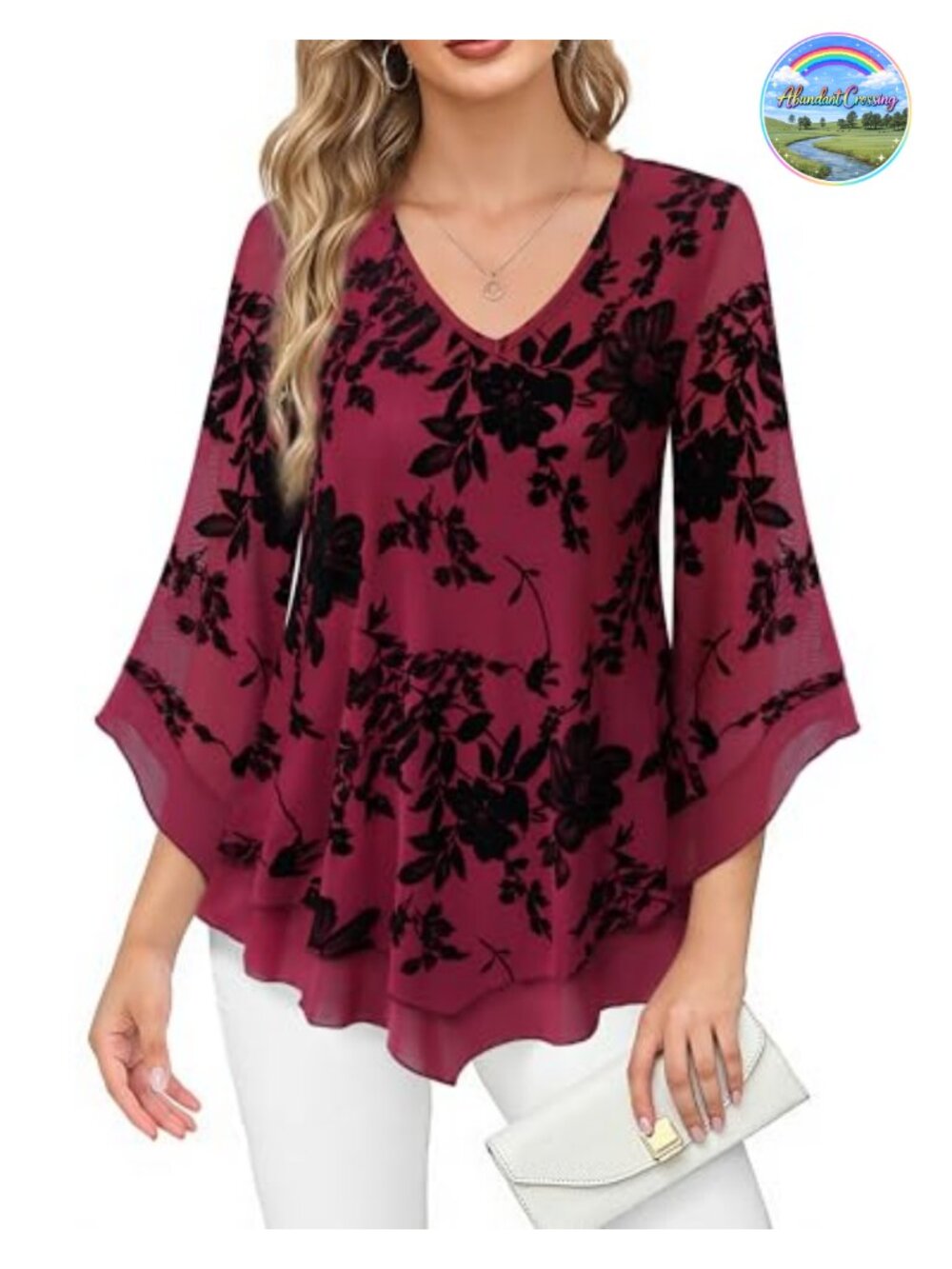 Women's Double Layer Mesh Blouse Ruffle 3/4 Flared Sleeve Tunic Top
